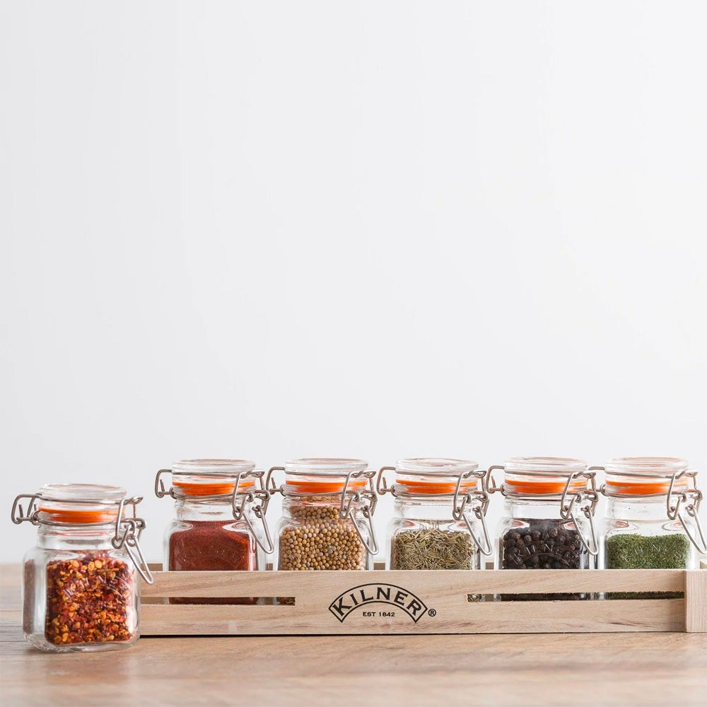 Set 6 Frascos Kilner Especias 70ml + Caja Madera