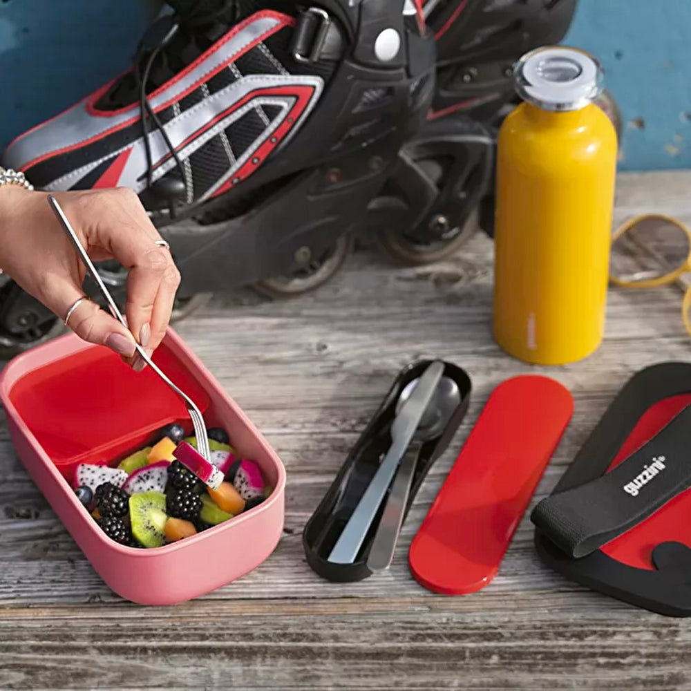 Lunch Box con Cubiertos Rosado/Rojo con Negro