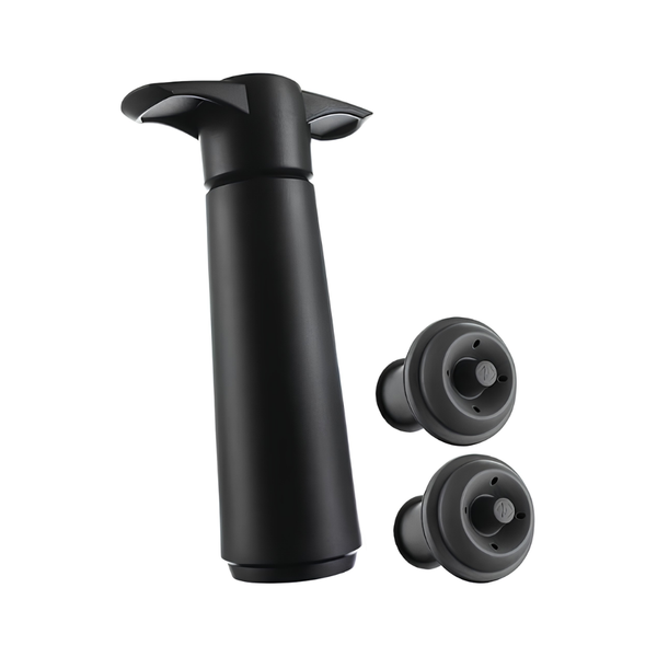 Set Bomba y 2 Tapones de Vacío para Vino Negro