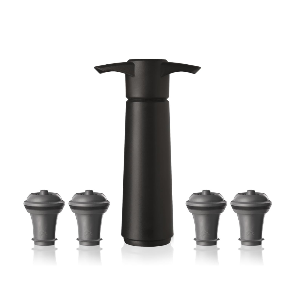 Set Bomba y 4 Tapones de Vacío para Vino Negro