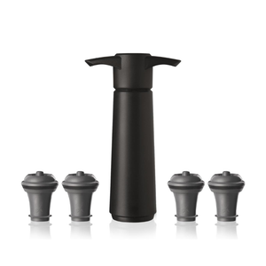 Set Bomba y 4 Tapones de Vacío para Vino Negro