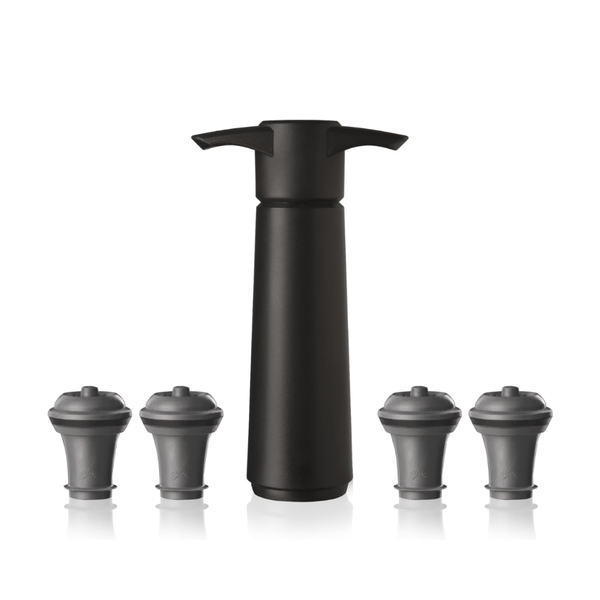 Set Bomba y 4 Tapones de Vacío para Vino Negro