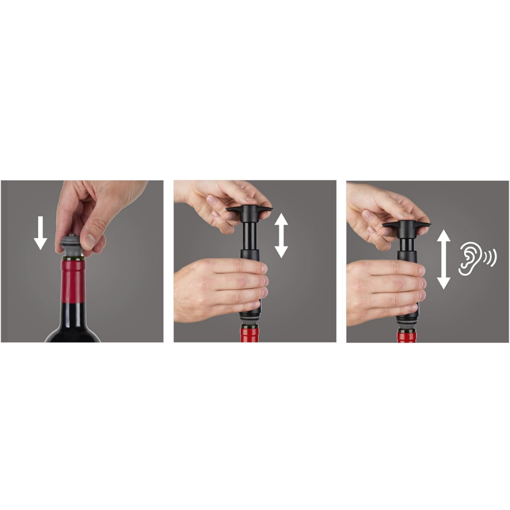 Set Bomba y 4 Tapones de Vacío para Vino Negro