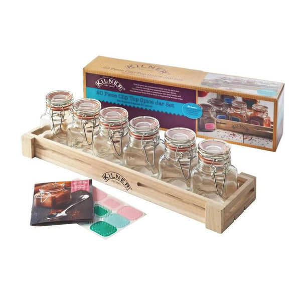 Set 6 Frascos Kilner Especias 70ml + Caja Madera
