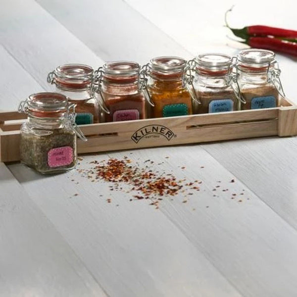 Set 6 Frascos Kilner Especias 70ml + Caja Madera